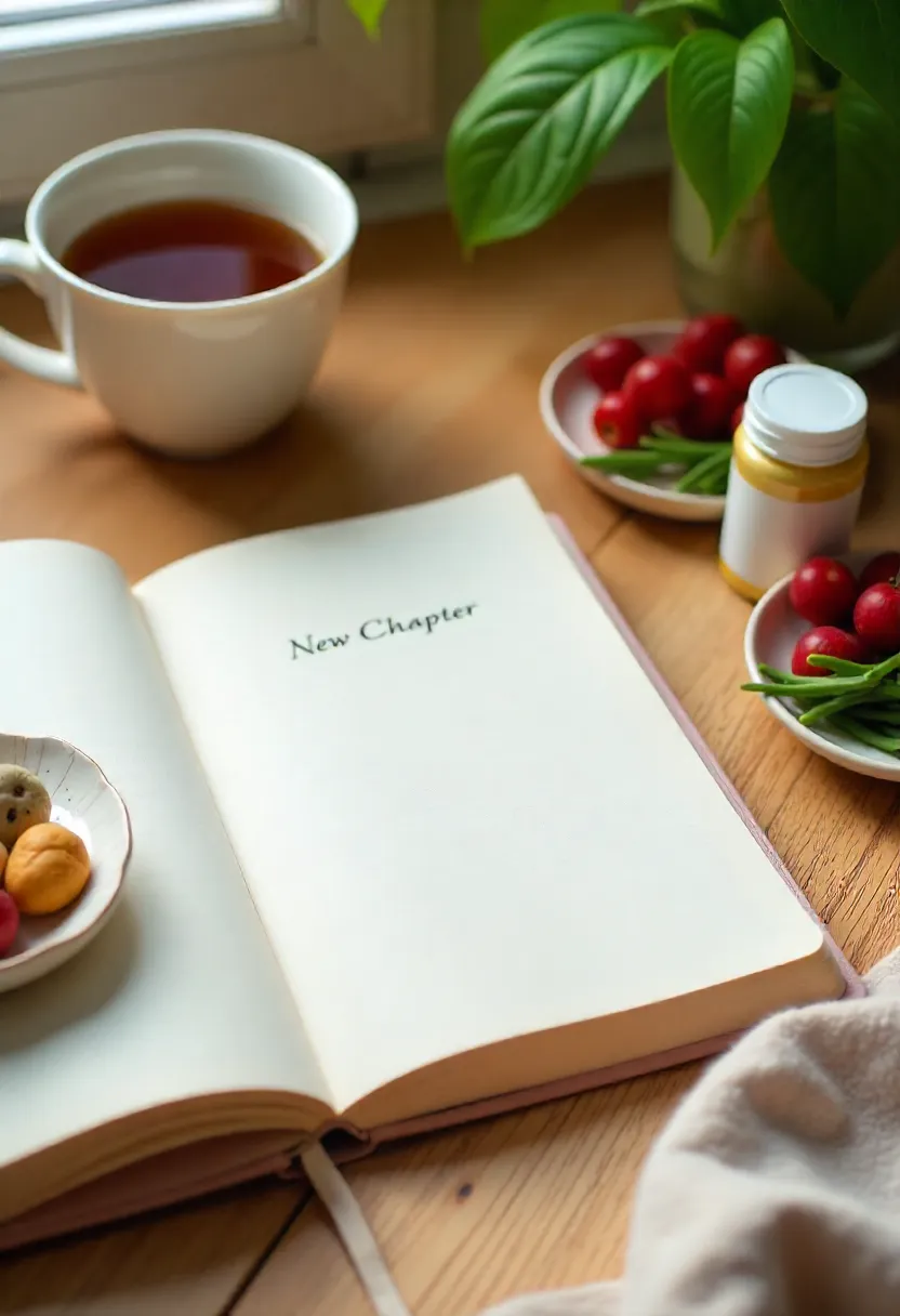 Open journal with herbal tea, vegan supplements, and fresh greens on a wooden table, symbolizing self-care and a new beginning.