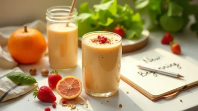 Vegan supplements with protein smoothie, collagen powder, fresh greens, and berries in a bright flat lay for a healthy lifestyle.