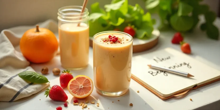 Vegan supplements with protein smoothie, collagen powder, fresh greens, and berries in a bright flat lay for a healthy lifestyle.