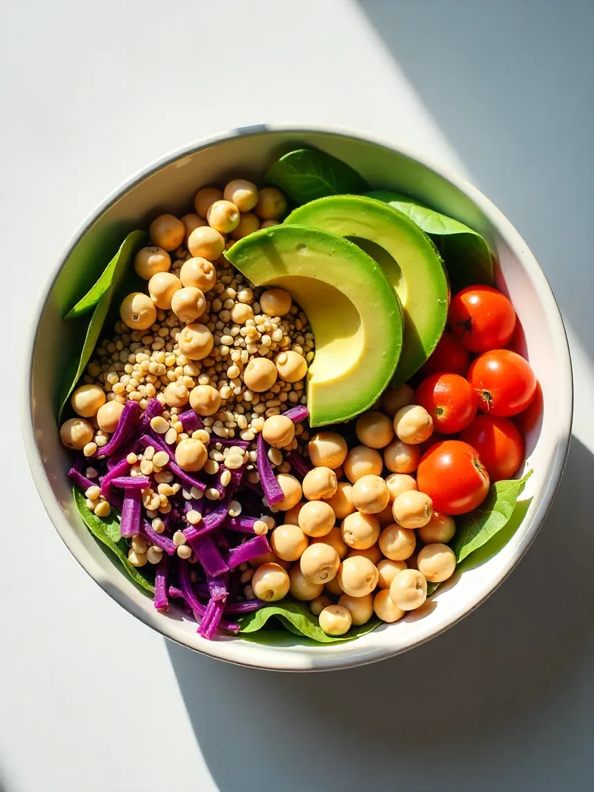 Vegetarian quinoa salad bowl with chickpeas, avocado, cherry tomatoes, red cabbage, and tahini drizzle.