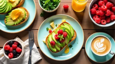 Overhead shot of a vibrant flat lay featuring avocado toast, smoothie bowls, fresh berries, and lattes arranged on a rustic wooden table with natural light.