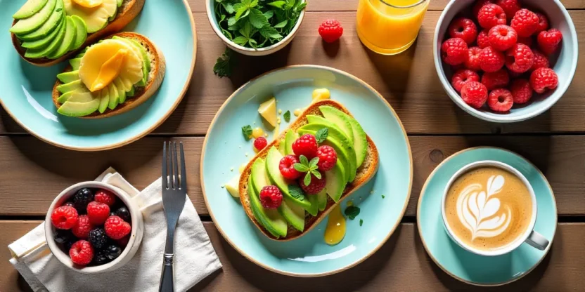 Overhead shot of a vibrant flat lay featuring avocado toast, smoothie bowls, fresh berries, and lattes arranged on a rustic wooden table with natural light.