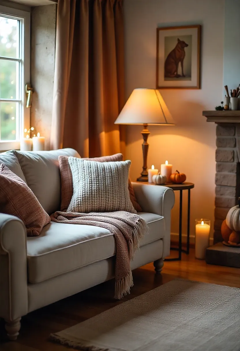 Autumn home ambiance with blankets, plaid pillows, warm lighting, and candles, creating a cozy seasonal atmosphere with pumpkins and rustic decor.