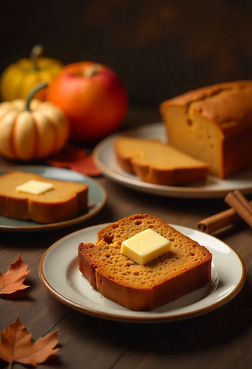 Freshly baked pumpkin bread and apple cinnamon loaf with slices on plates, styled with pumpkins, apples, and fall leaves.