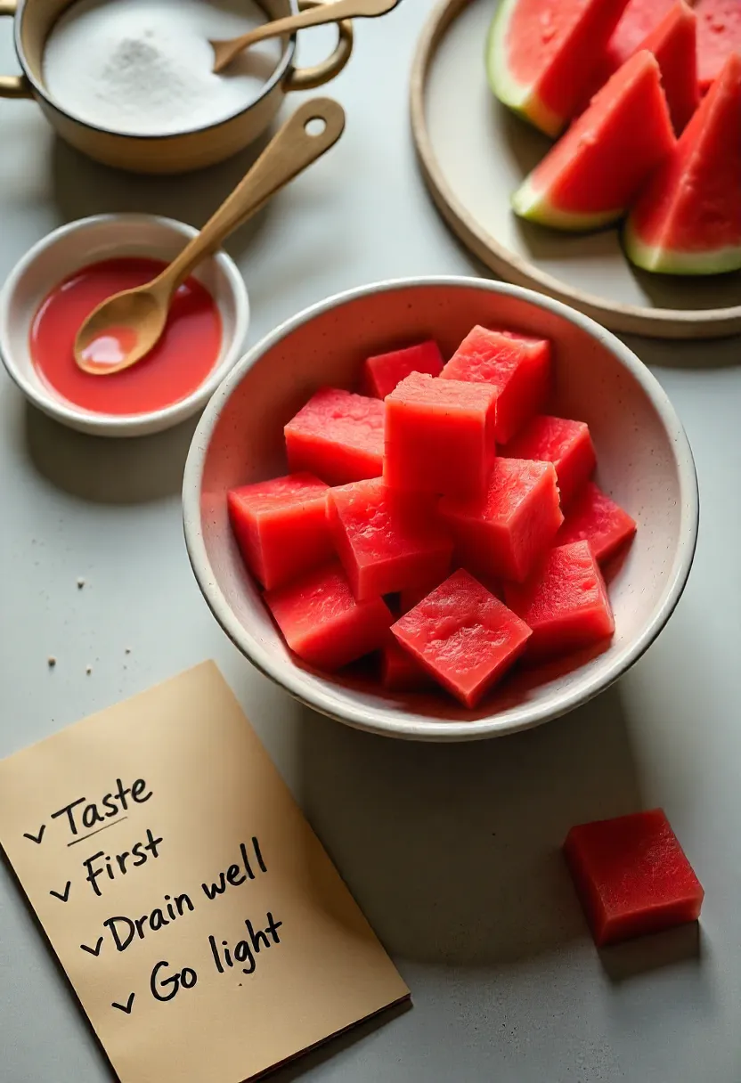 Crisp cubed watermelon with sugar and draining setup, next to a notepad with final tips for keeping watermelon salad fresh.