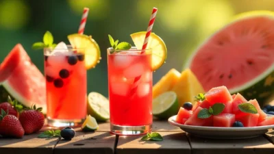 Colorful summer collage with watermelon, fruits, salads, and refreshing drinks.