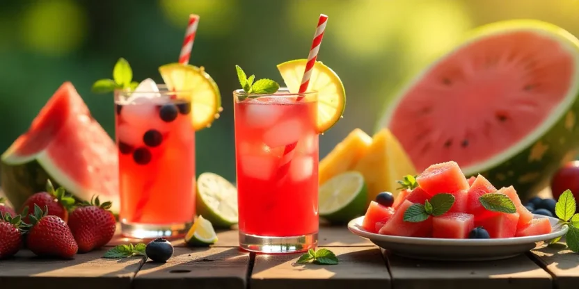 Colorful summer collage with watermelon, fruits, salads, and refreshing drinks.