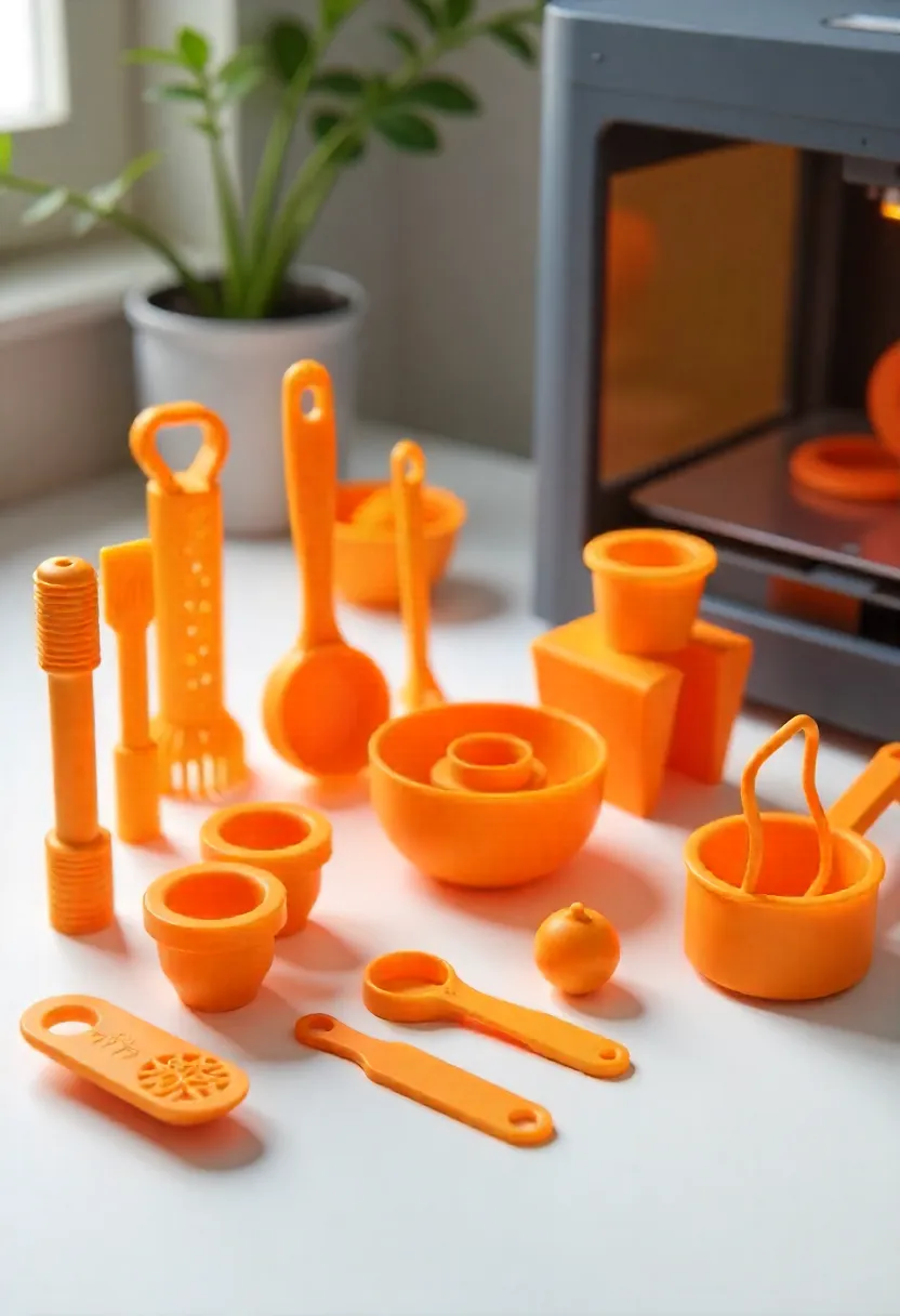 Labeled 3D printed kitchen tools including measuring spoons, spice rack, and bag clips arranged on a counter with a 3D printer in the background
