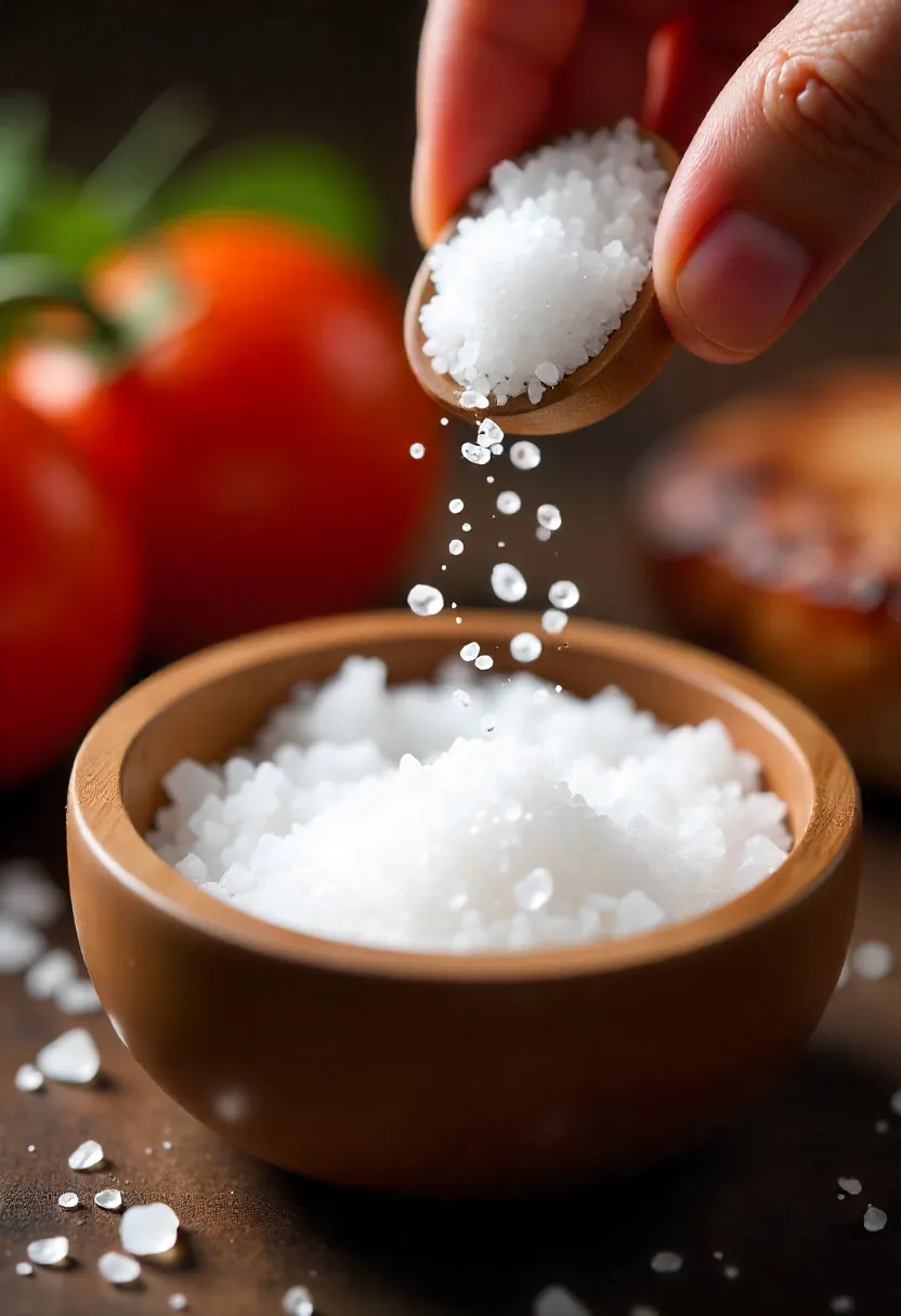 Salt being sprinkled over tomatoes, mushrooms, and seared meat to enhance flavor.