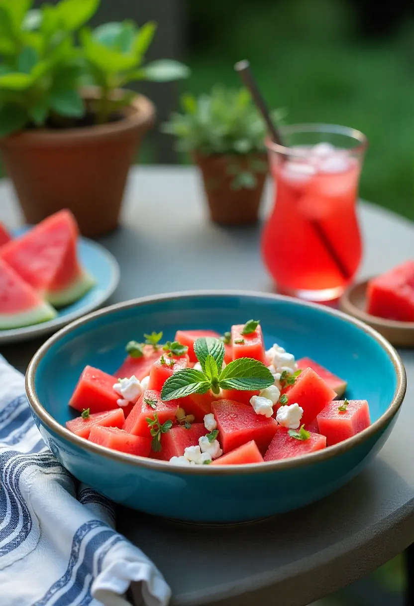 Watermelon salad with feta and mint served fresh, with a glass of reserved watermelon juice on the side.
