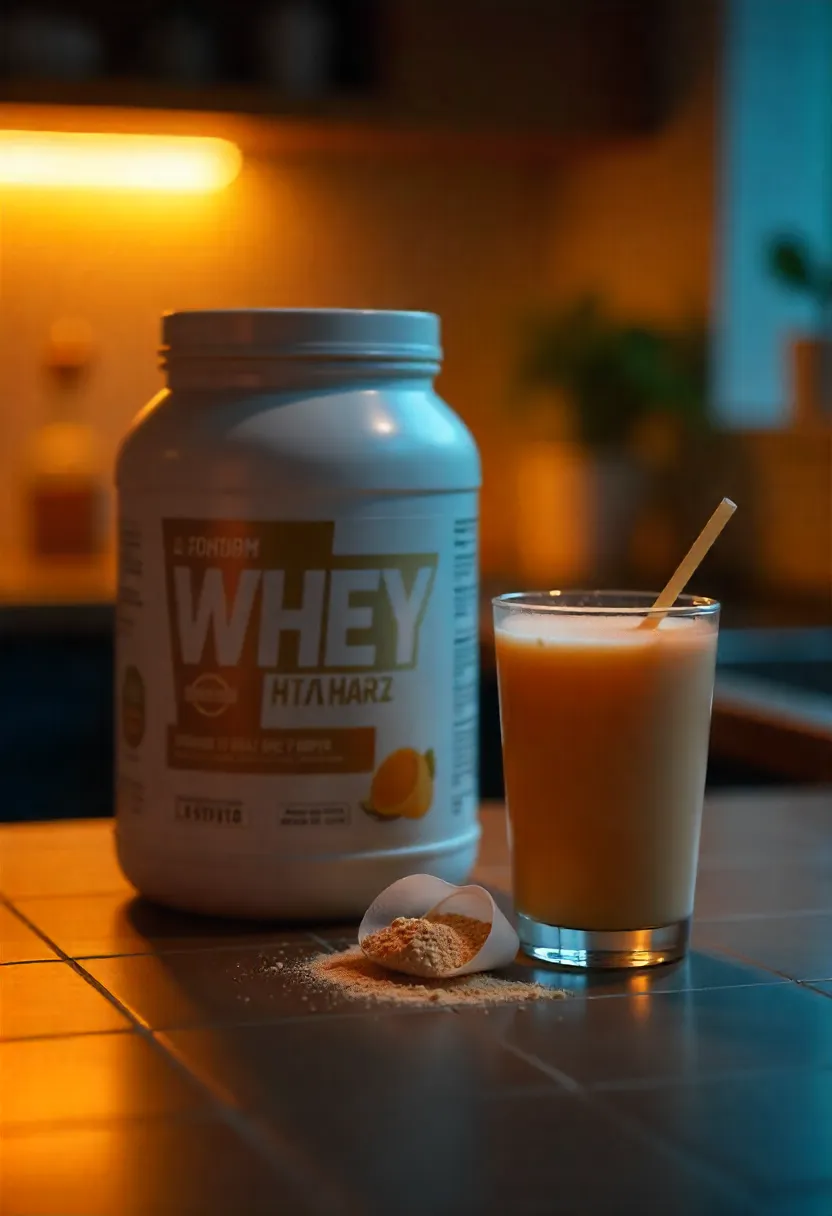 Whey protein powder with a scoop and a glass of protein shake.