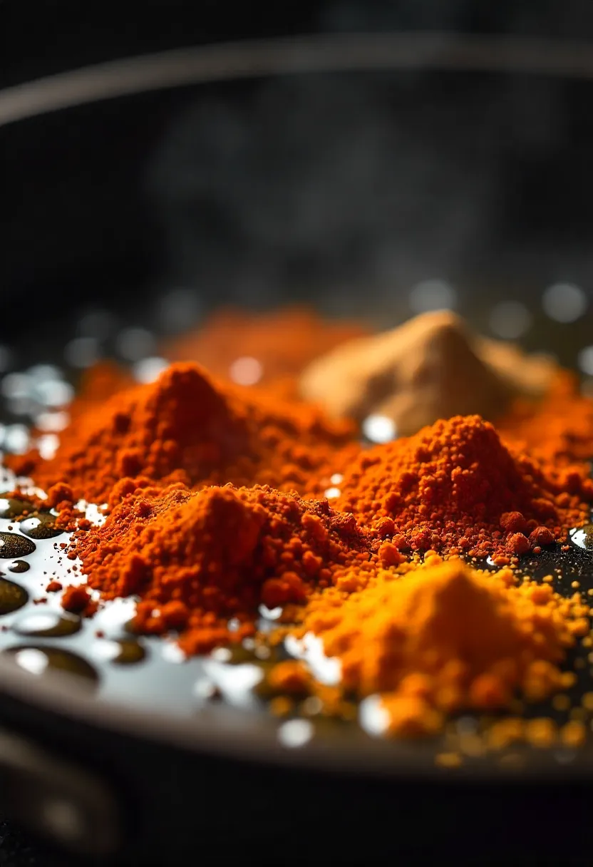 Close-up of chili powder, cumin, and other spices sizzling in hot oil, releasing aroma before cooking taco filling.