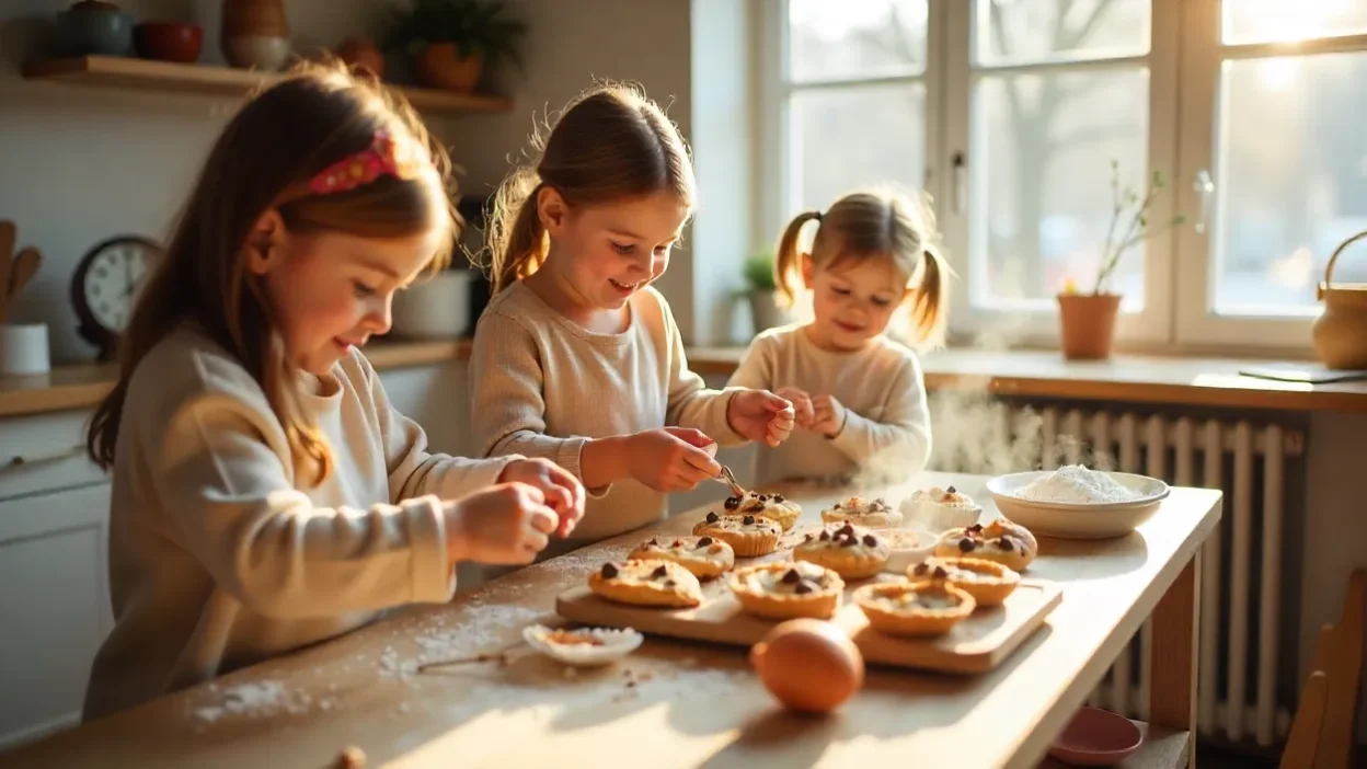 Kids baking muffins, cookies, and mini pies together in a cozy winter kitchen, with flour, sprinkles, and warm sunlight creating a festive atmosphere.