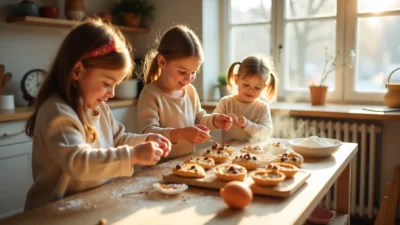 Kids baking muffins, cookies, and mini pies together in a cozy winter kitchen, with flour, sprinkles, and warm sunlight creating a festive atmosphere.