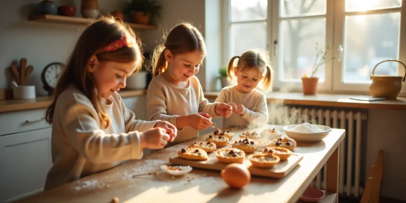 Kids baking muffins, cookies, and mini pies together in a cozy winter kitchen, with flour, sprinkles, and warm sunlight creating a festive atmosphere.
