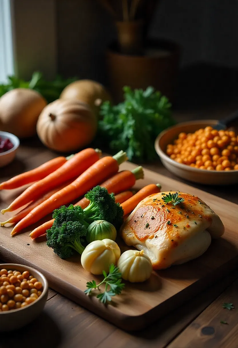 Winter meal prep ingredients including root vegetables, cruciferous veggies, squash, chicken thighs, pork shoulder, lentils, and chickpeas on a rustic table.