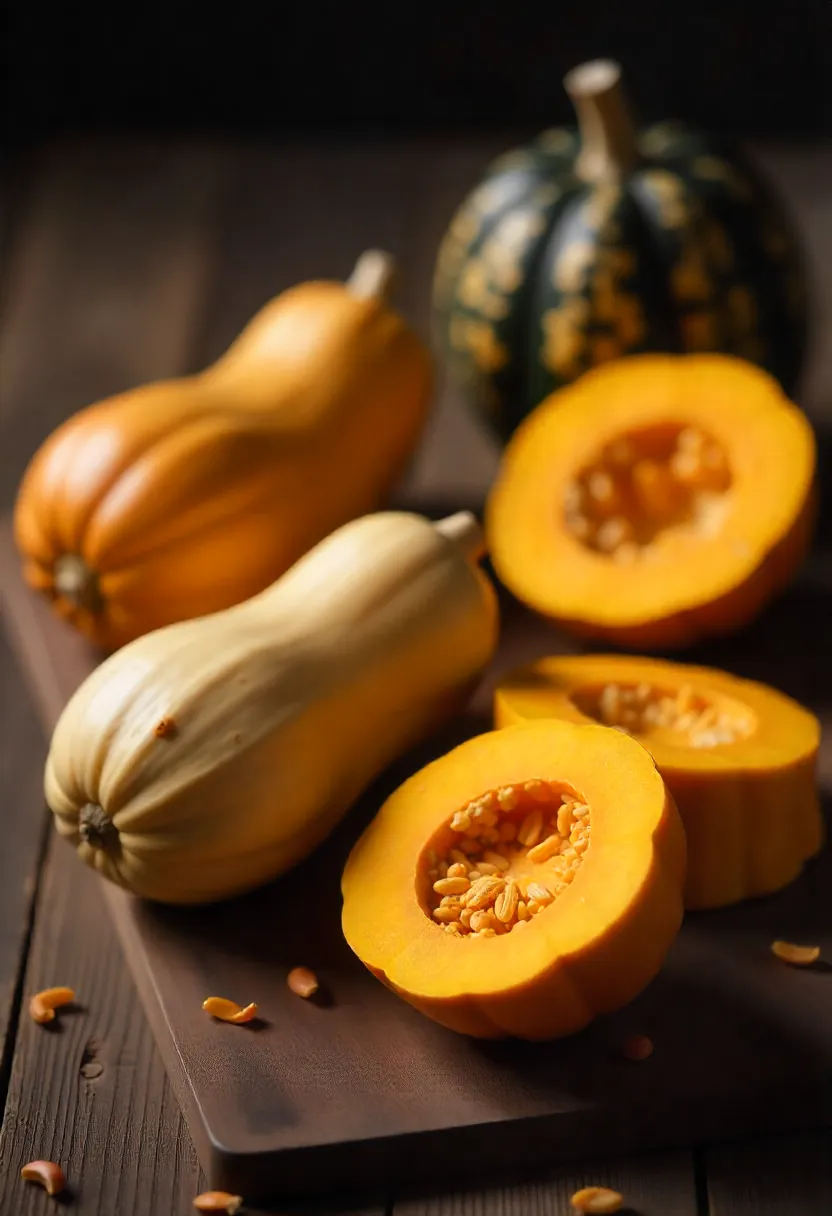 Assorted winter squash, whole and halved, on a rustic wooden table showing bright orange flesh.