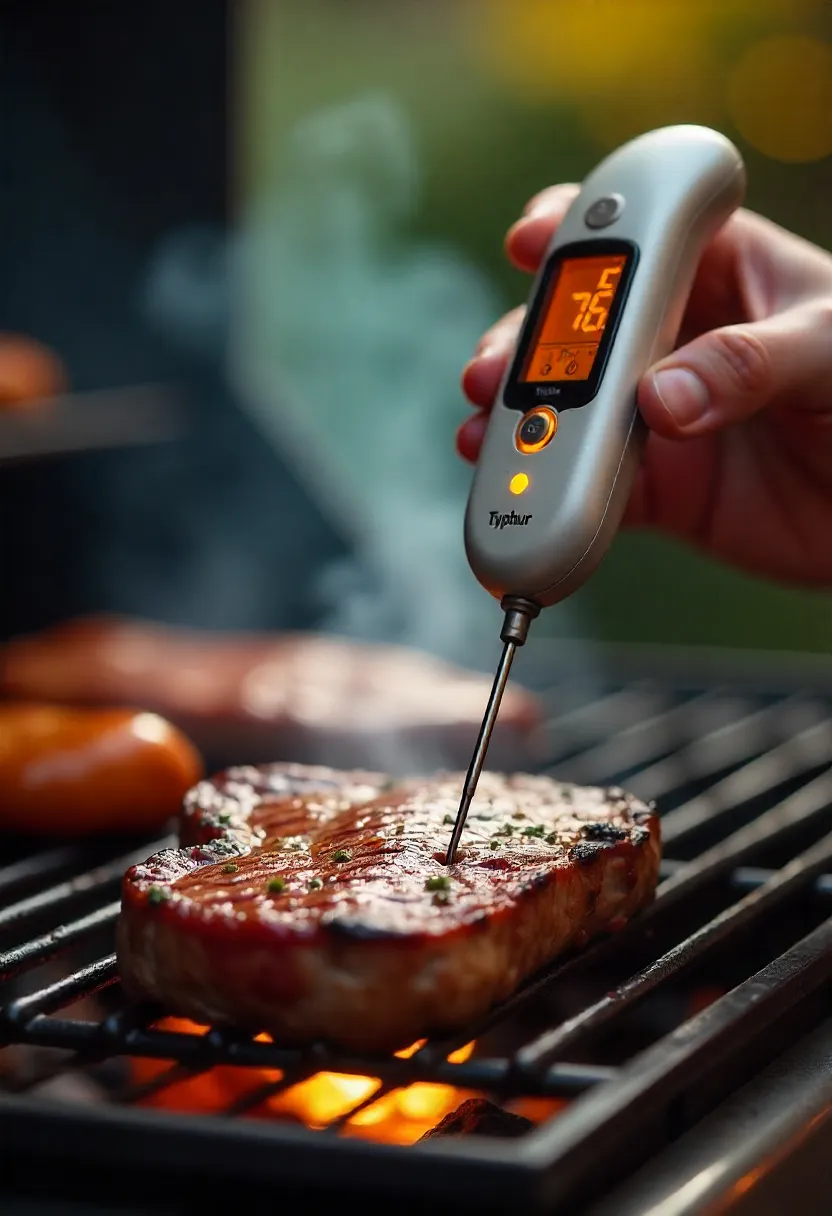 A wireless meat thermometer inserted into a steak on a grill, with real-time temperature reading displayed and a phone app showing remote monitoring.