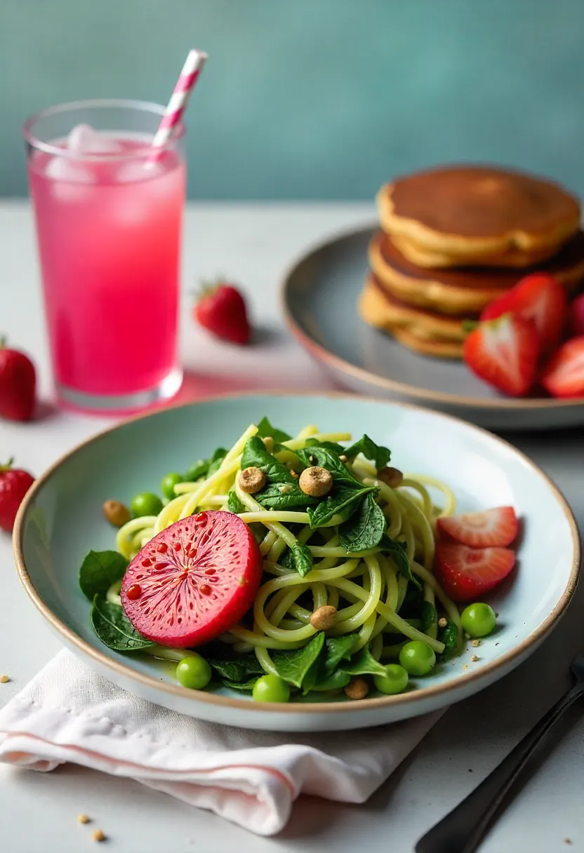 Collage of monochrome meals in pink, green, and black on colorful plates.