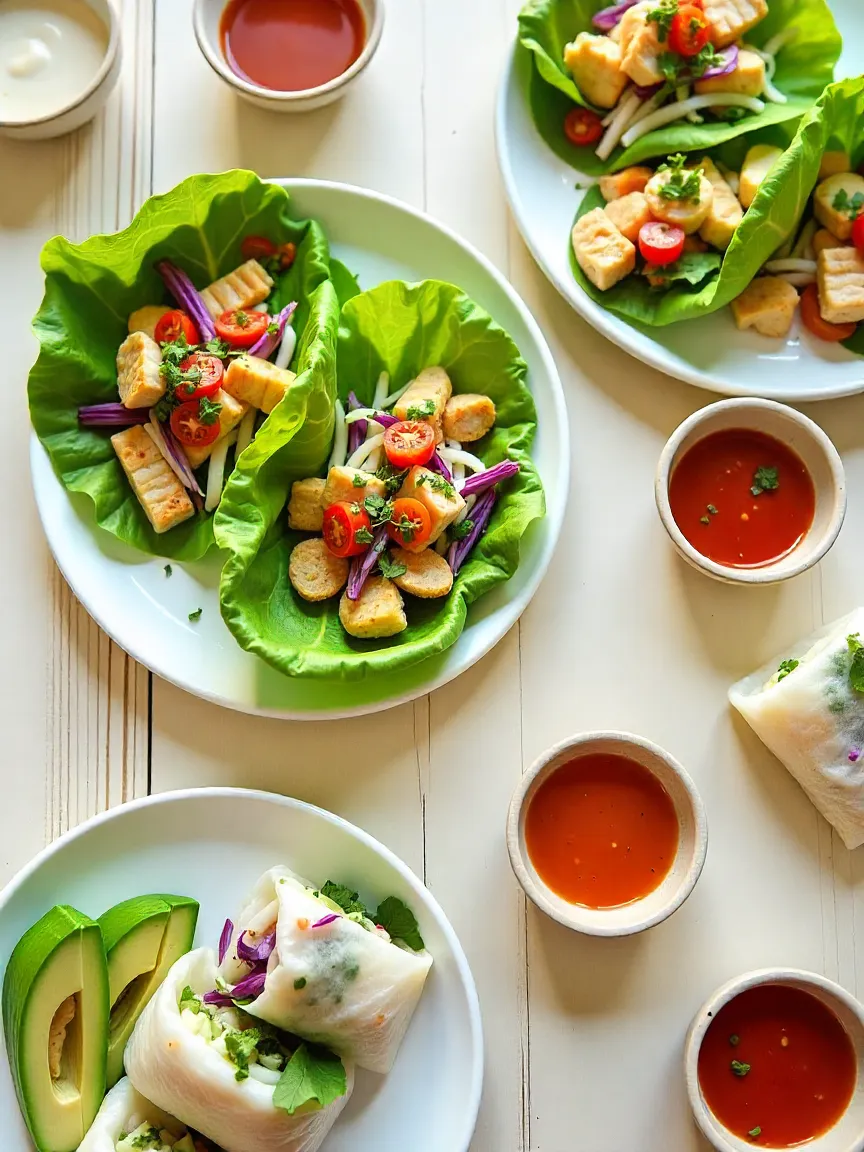 Assorted wrap-free lunches including lettuce wraps, rice paper rolls with shrimp, and a nori vegetable wrap.