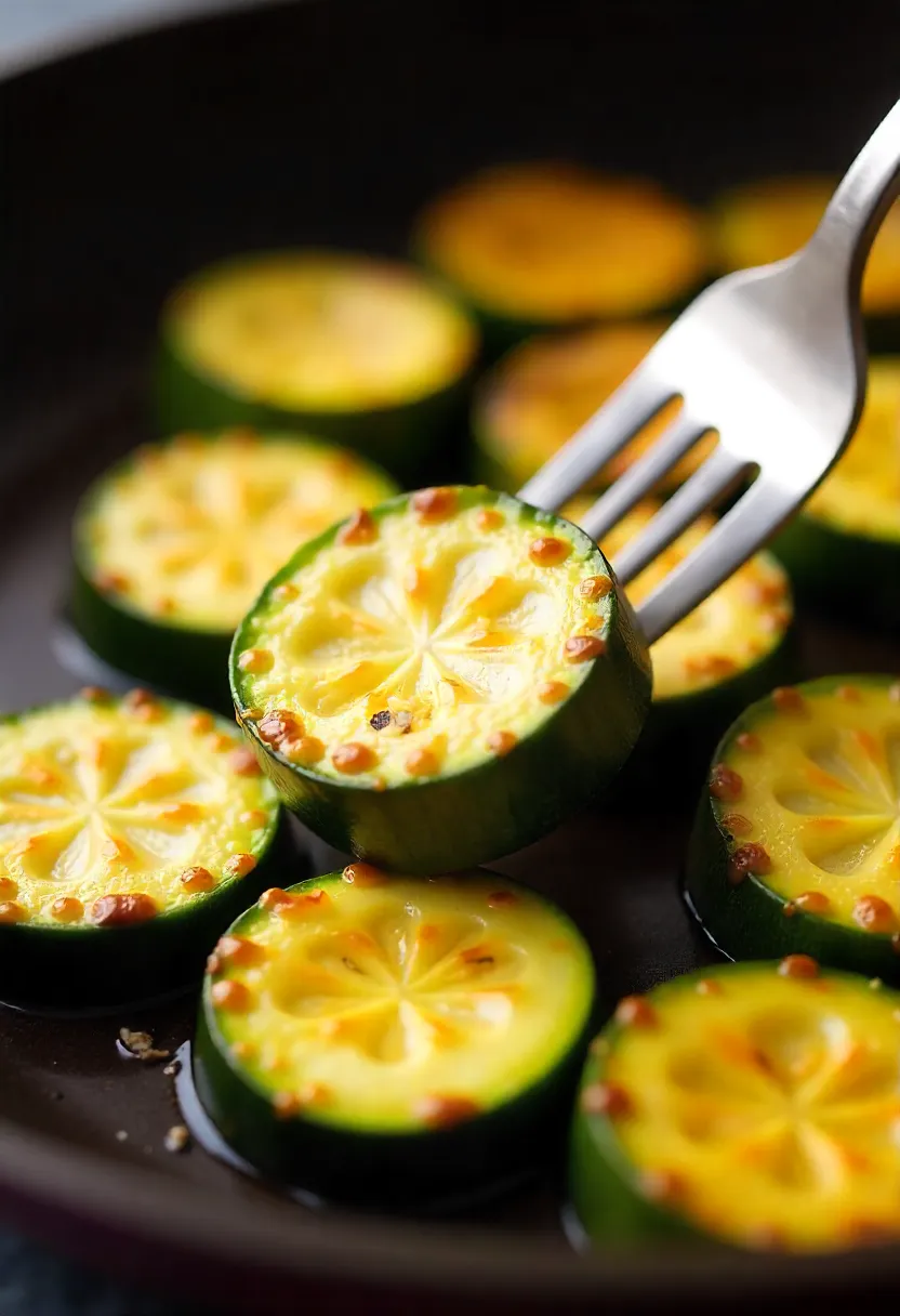 Close-up of golden-brown sautéed zucchini slices, tender but still holding their shape, ready to serve.