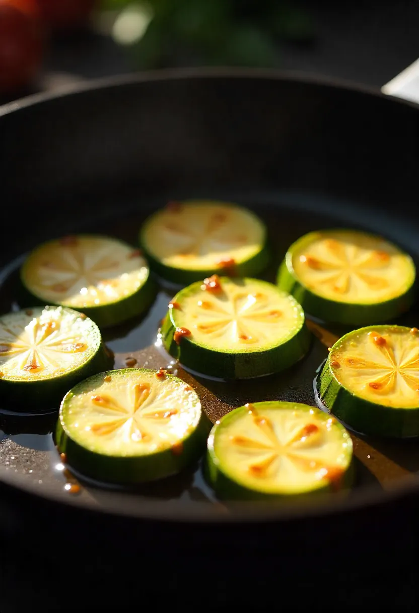 Close-up of zucchini slices sizzling in hot olive oil in a skillet, arranged in a single layer for even browning.