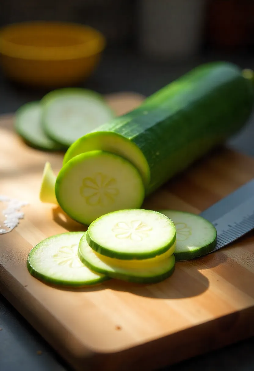 Close-up of zucchini sliced into Œ✠inch rounds on a cutting board with a chefâs knife, showing the ideal thickness for sautĂ©ing.