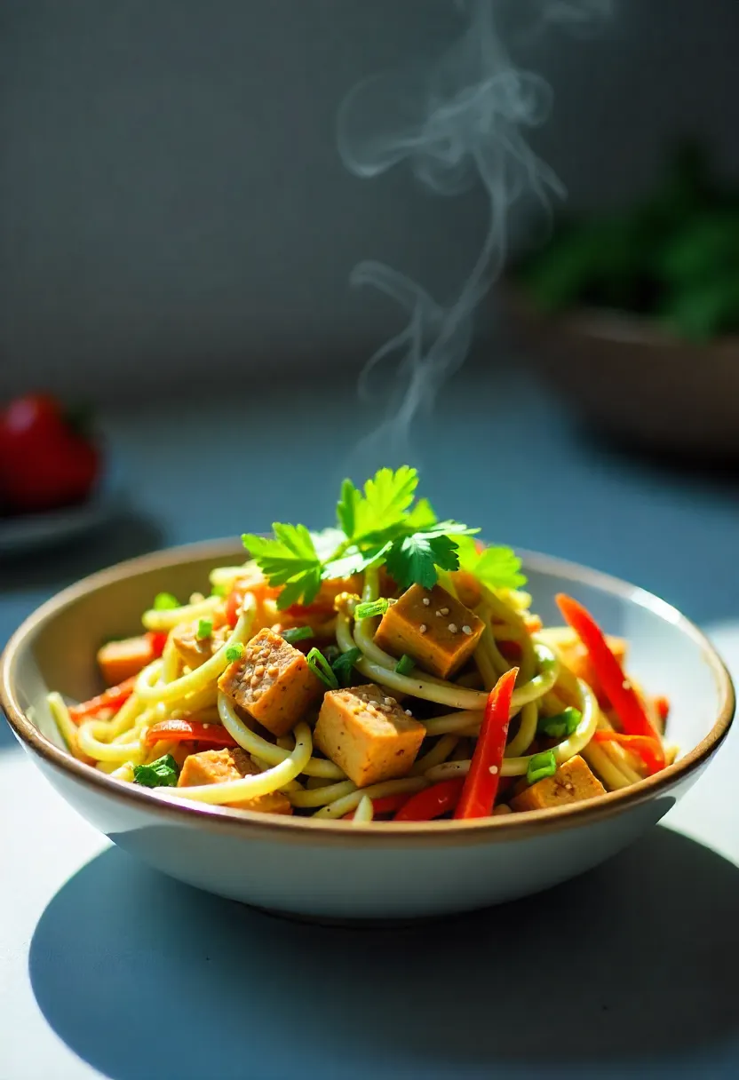 Zucchini noodle stir-fry with crispy tofu, carrots, and bell peppers in sesame-soy sauce, topped with green onions and sesame seeds.