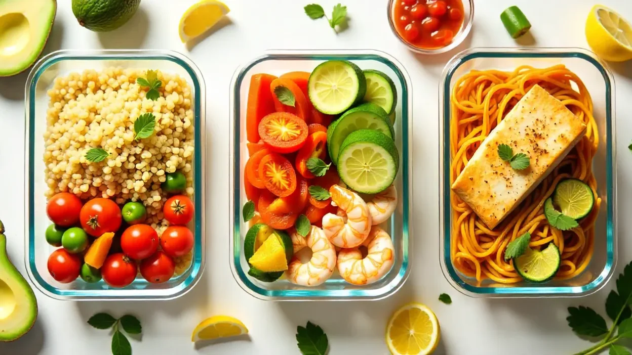Flat lay of healthy 30-minute meal-prep recipes in containers, including quinoa bowls, shrimp zoodles, baked cod, and colorful veggie stir-fry.