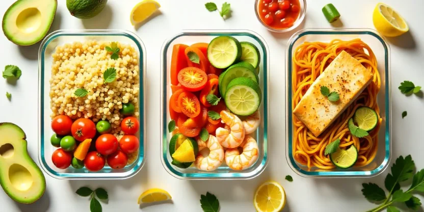 Flat lay of healthy 30-minute meal-prep recipes in containers, including quinoa bowls, shrimp zoodles, baked cod, and colorful veggie stir-fry.