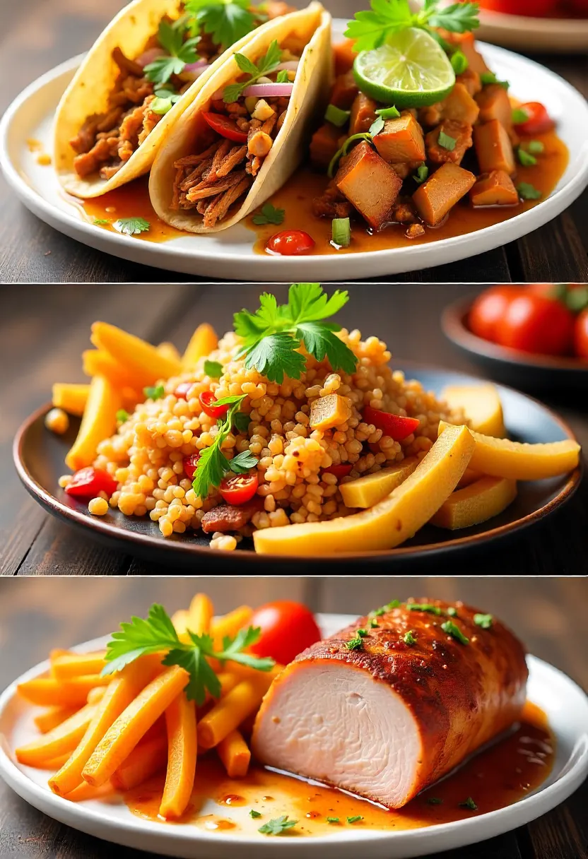Collage of international pork dishes: Mexican carnitas, Thai larb moo, and Italian porchetta.