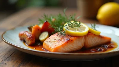 Plated baked salmon with lemon, herbs, and roasted vegetables on a wooden table.
