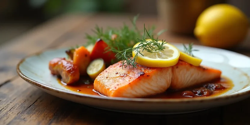 Plated baked salmon with lemon, herbs, and roasted vegetables on a wooden table.