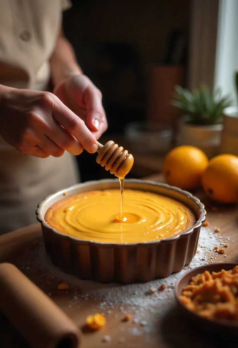Hands stirring honey into cake batter in a warm, cozy kitchen, evoking the joy of home baking.