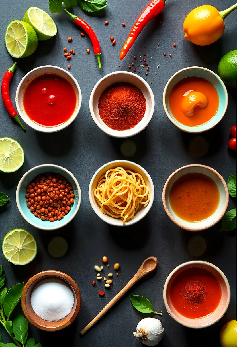 Collage showing mild, medium, and fiery chili garlic noodle options with ingredients for balancing heat and flavor.