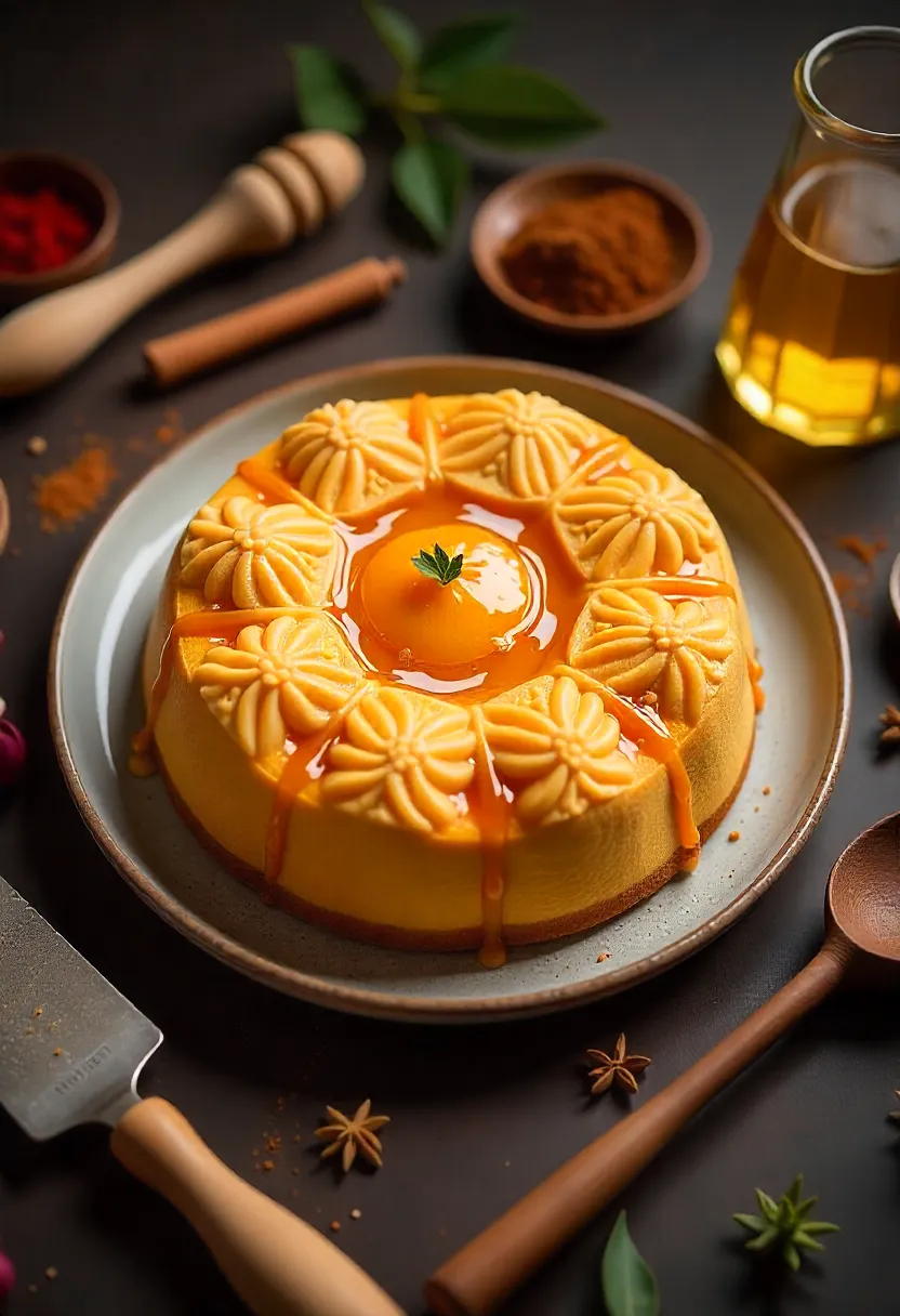 Golden honey cake with spices and vintage baking tools, representing centuries of cultural traditions.