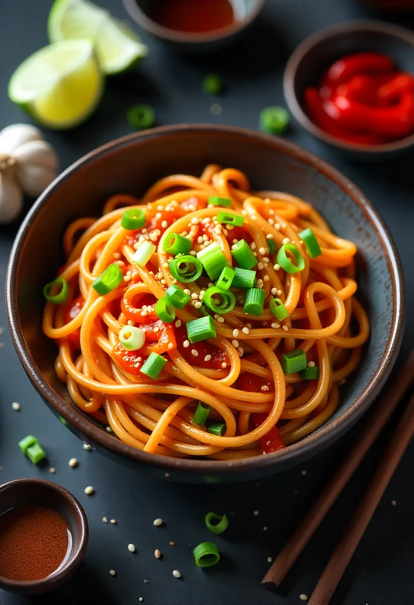 Fiery chili garlic noodles in a glossy sauce with green onions and sesame seeds.