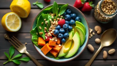 Colorful superfood bowl with greens, berries, vegetables, avocado, and nuts for brain health.