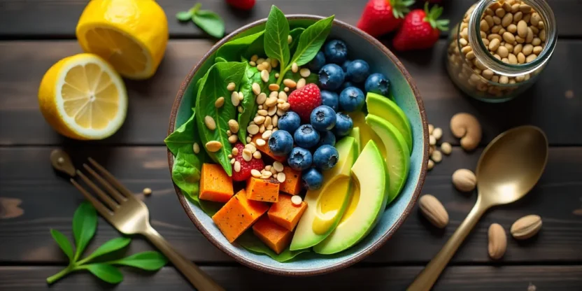 Colorful superfood bowl with greens, berries, vegetables, avocado, and nuts for brain health.