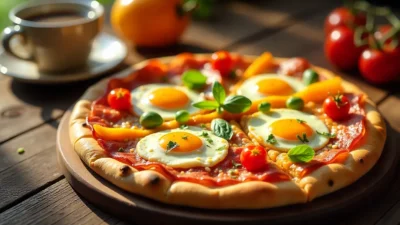 Colorful breakfast pizza with eggs, cheese, bacon, and fresh vegetables on a rustic table.