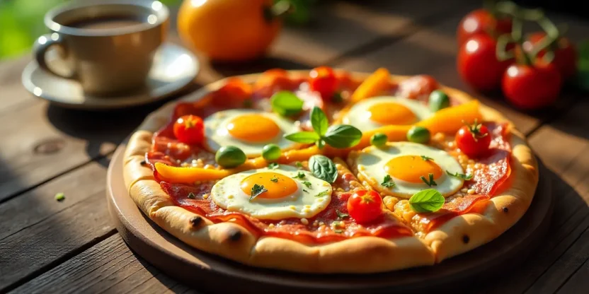 Colorful breakfast pizza with eggs, cheese, bacon, and fresh vegetables on a rustic table.