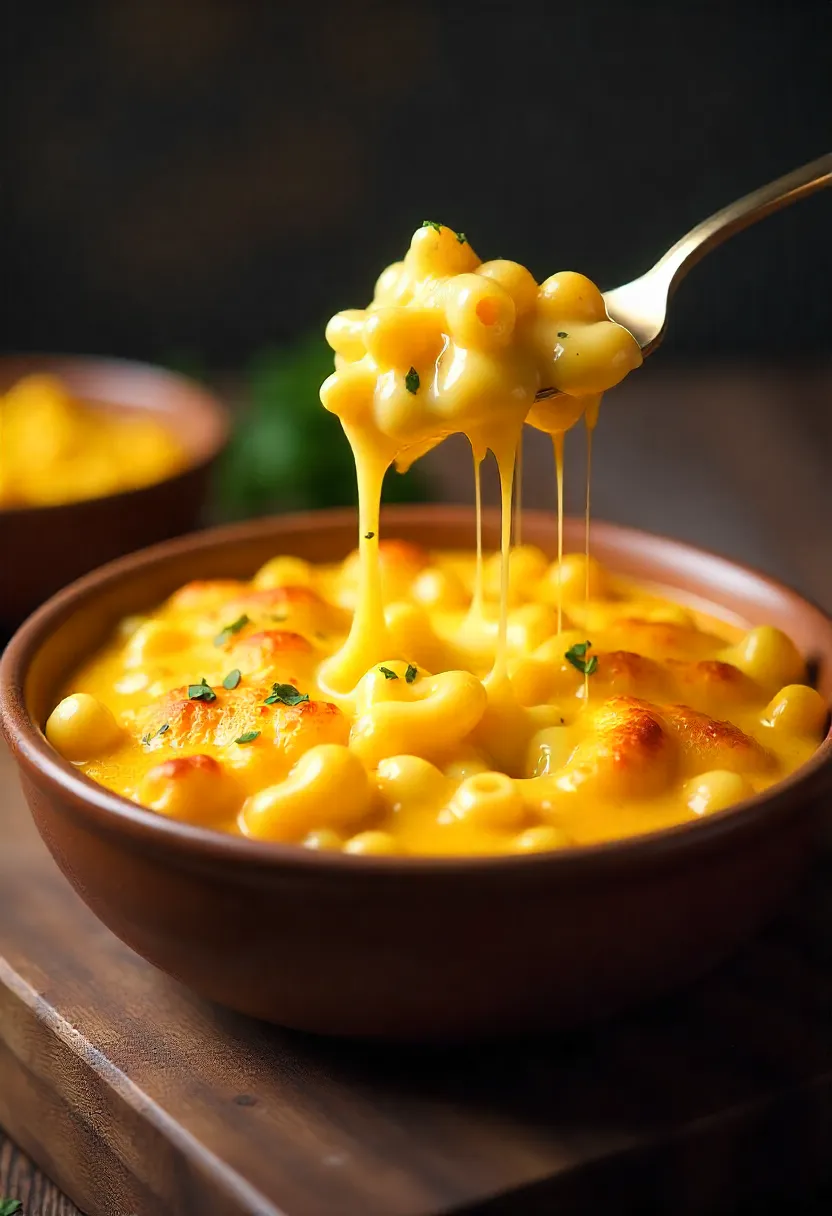 Golden, bubbling mac and cheese in a bowl with cheese stretching from a fork.