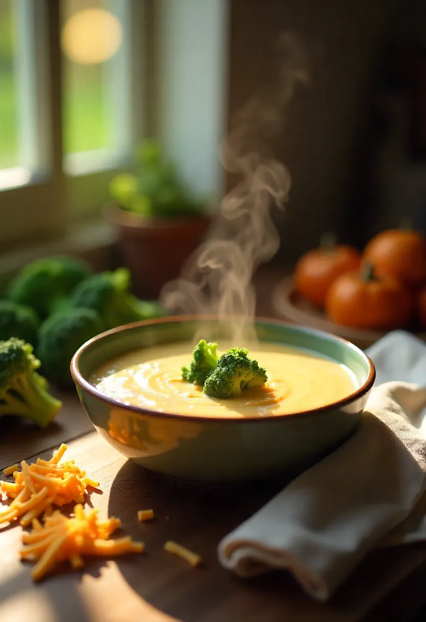 Steaming bowl of broccoli cheddar soup on a wooden table in a cozy, rainy-day kitchen.