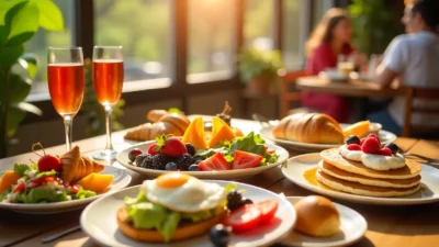 Beautiful brunch table with pancakes, avocado toast, pastries, and coffee in a sunny café setting.