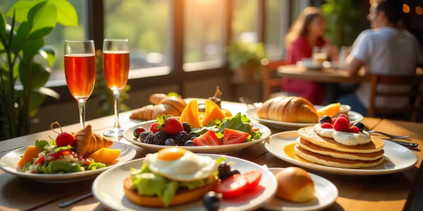 Beautiful brunch table with pancakes, avocado toast, pastries, and coffee in a sunny café setting.