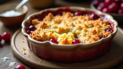 Warm cherry crumble with golden topping in a rustic dish on a wooden table.