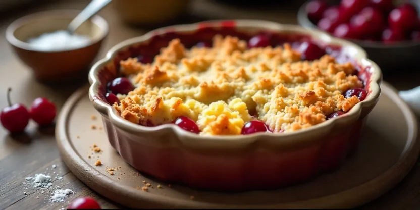 Warm cherry crumble with golden topping in a rustic dish on a wooden table.