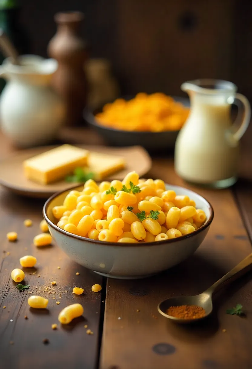 Fresh ingredients for creamy mac and cheese: pasta, cheese, butter, cream, and spices.