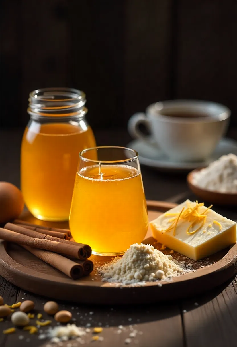 Collage of honey cake ingredients on a wooden table, including honey, spices, eggs, butter, and nuts, representing home baking.
