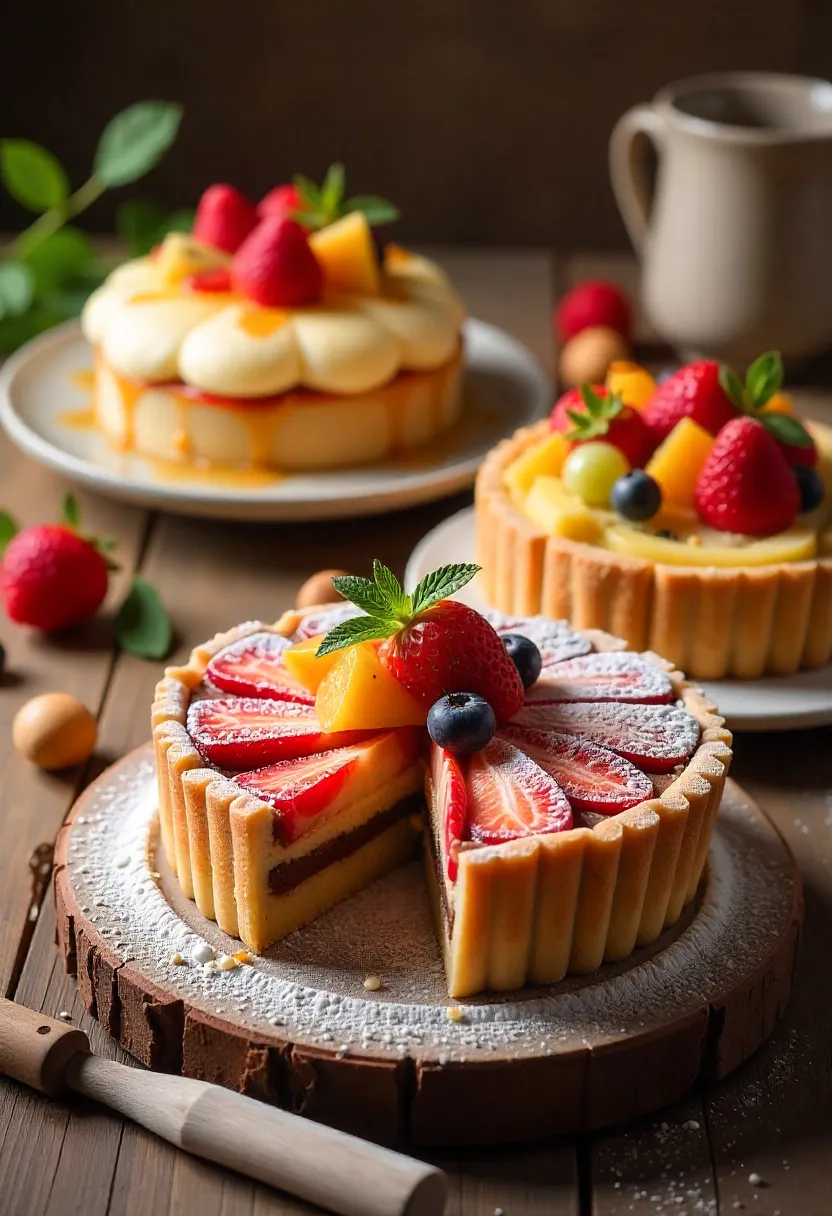 Italian desserts: Cassata Siciliana, Torta Caprese, and Crostata di Frutta on a rustic table.
